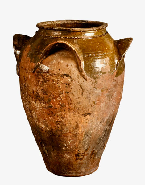 Antique semi-glazed and braided 4 handle “elephant ear” oil jar