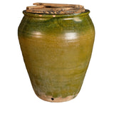 Antique small glazed green olive jar with wooden top