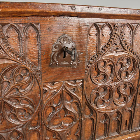 Antique carved Neo-Gothic arms chest, chestnut