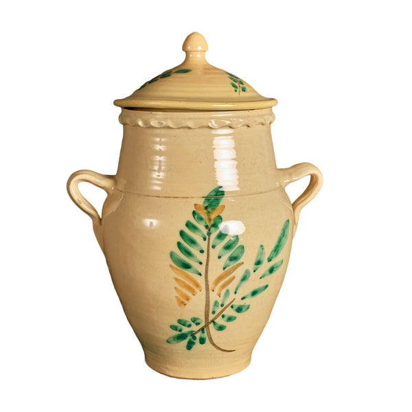 Antique painted two-handle majolica pot with top