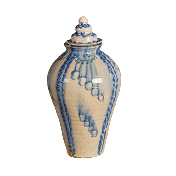 Antique painted and glazed blue and white “Nijar” vase with top