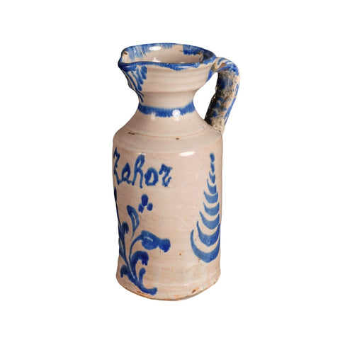 Antique single handle blue and white Fajalauza cruet, “ZAHOZ”