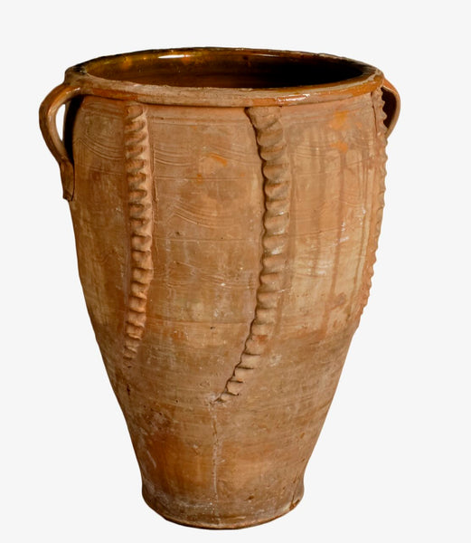 Antique two-handle semi-glazed braided olive oil jar