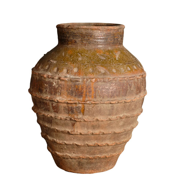 Antique small glazed, crimped and incised oil jar