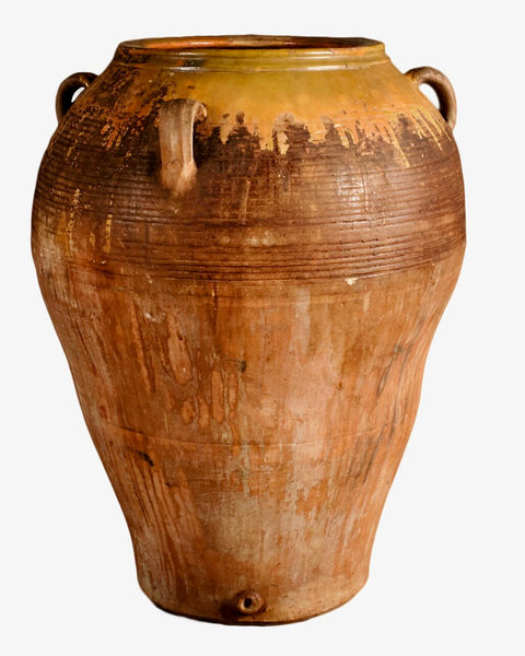 Antique large three-handle semi-glazed olive oil jar