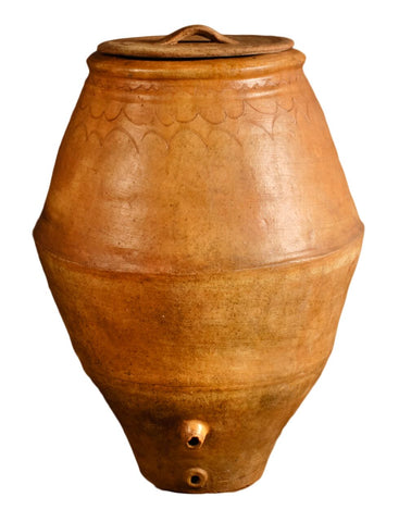 Antique incised terracotta olive oil jar with top and two spouts
