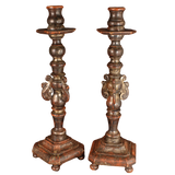 Antique pair of large carved wooden candlesticks