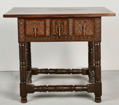 Antique turned leg three-drawer Second Renaissance accent table, walnut