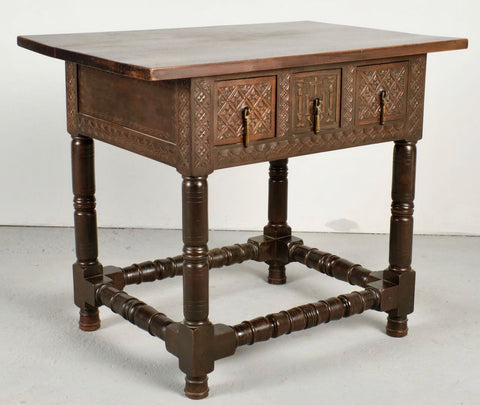 Antique turned leg three-drawer Second Renaissance accent table, walnut