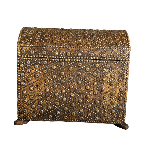 Antique studded leather travel trunk