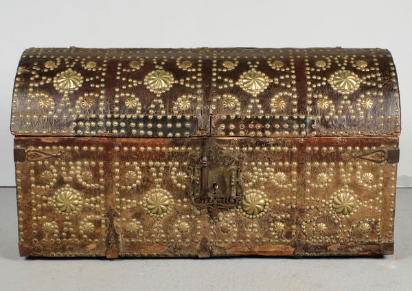Antique studded leather Mudejar travel trunk