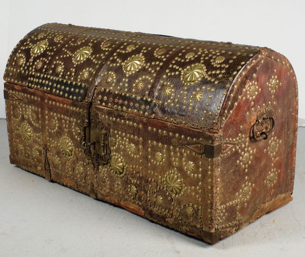 Antique studded leather Mudejar travel trunk