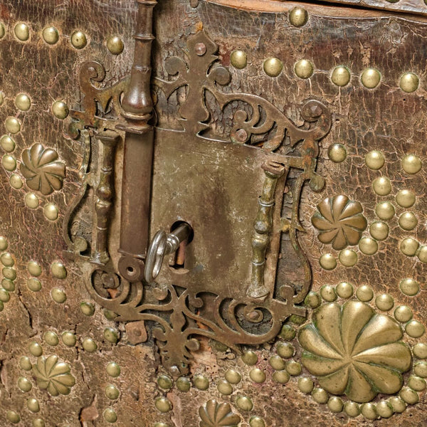 Antique studded leather Mudejar travel trunk