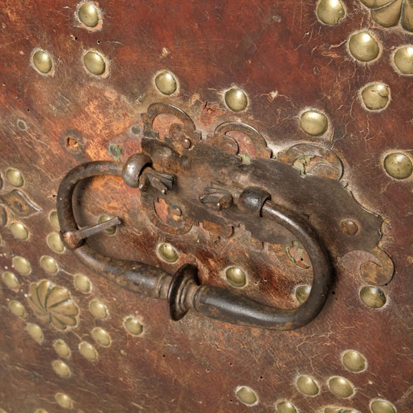 Antique studded leather Mudejar travel trunk