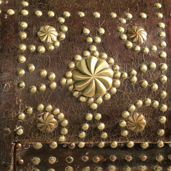 Antique studded leather Mudejar travel trunk