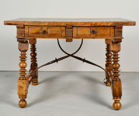 Antique turned leg, four-drawer library table, walnut