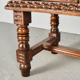 Antique heavily carved turned leg three-drawer library table, walnut