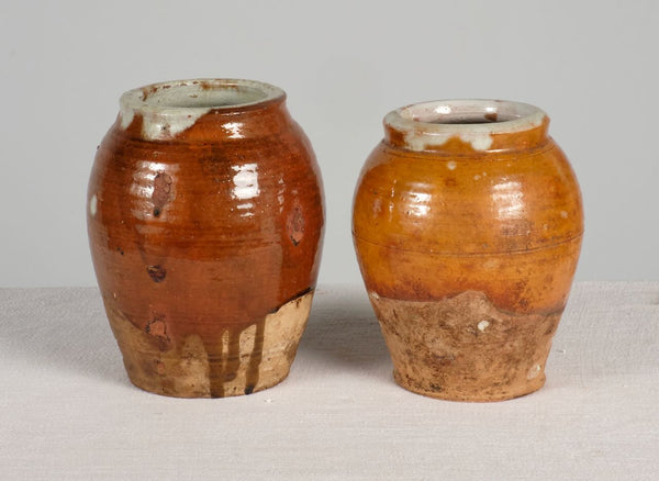 Antique pair of semi-glazed oil / butter jars without handles