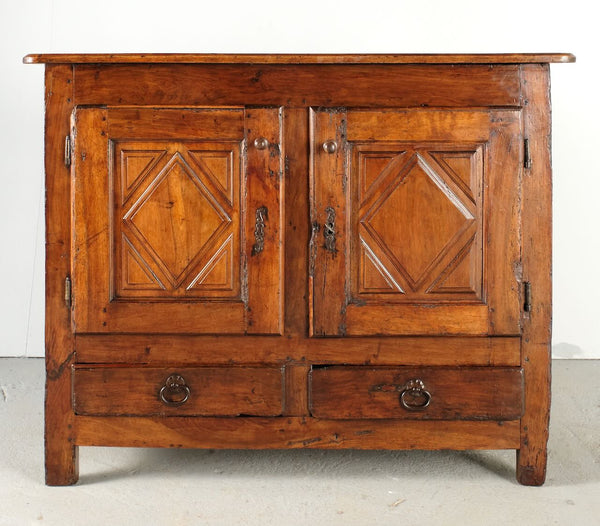 Antique two-door, two-drawer diamond panel credenza, oak and walnut