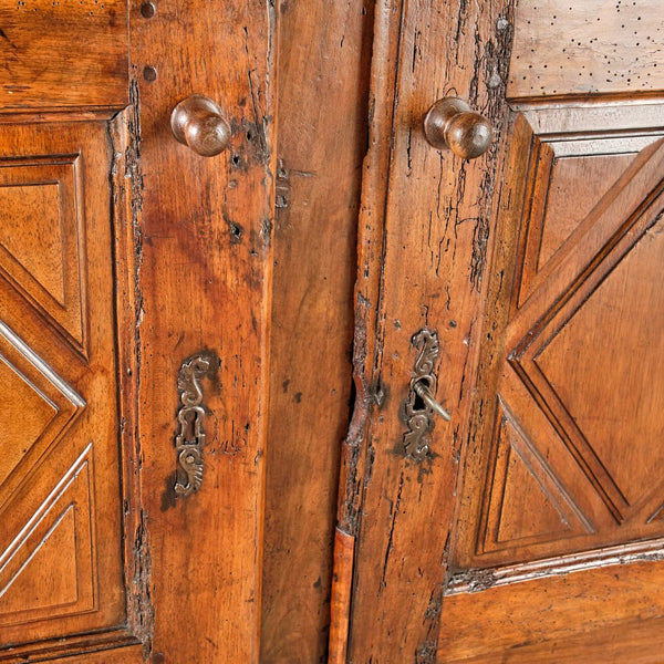 Antique two-door, two-drawer diamond panel credenza, oak and walnut