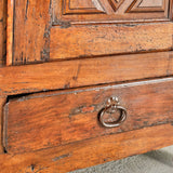 Antique two-door, two-drawer diamond panel credenza, oak and walnut