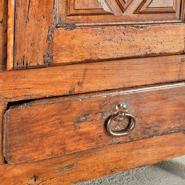 Antique two-door, two-drawer diamond panel credenza, oak and walnut