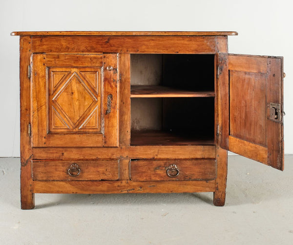 Antique two-door, two-drawer diamond panel credenza, oak and walnut