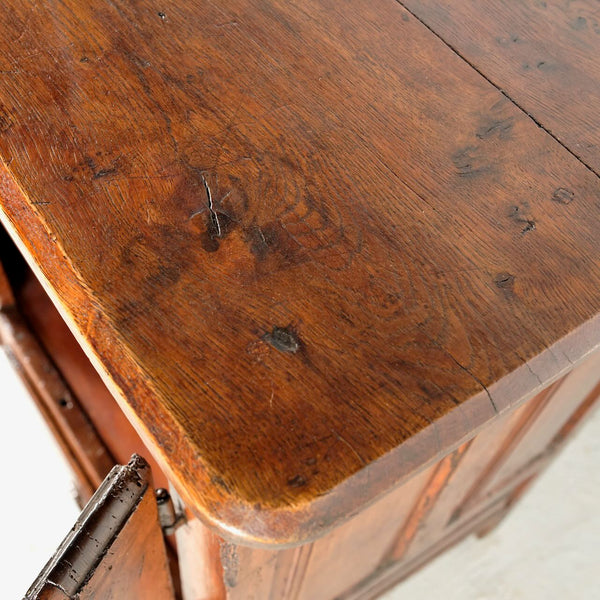 Antique two-door, two-drawer diamond panel credenza, oak and walnut