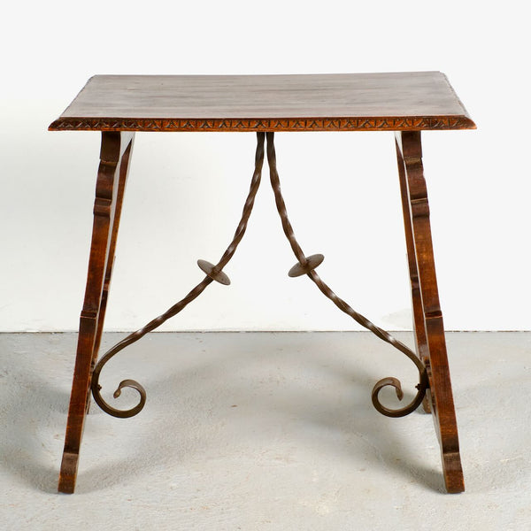 Antique second Renaissance accent table with iron stretchers, beech