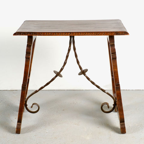 Antique second Renaissance accent table with iron stretchers, beech