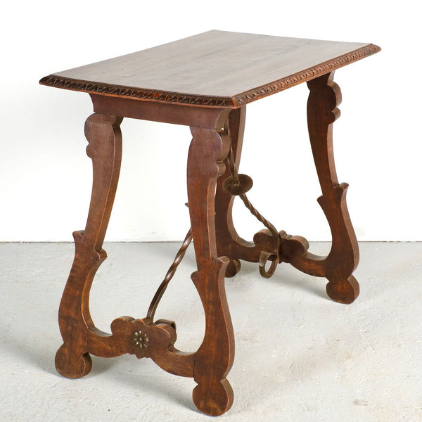 Antique second Renaissance accent table with iron stretchers, beech