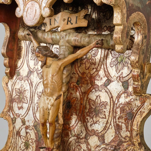 Antique carved and polychromed canopied crucifixion
