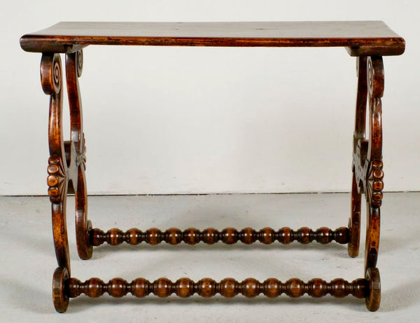 Antique beaded floor stretcher lyre leg table, walnut