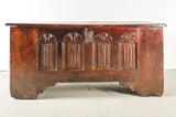 Antique carved linen fold Gothic chest, walnut and chestnut