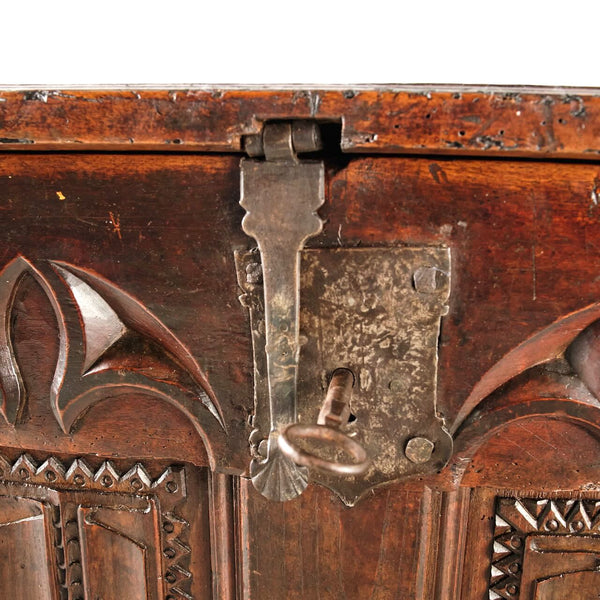 Antique carved linen fold Gothic chest, walnut and chestnut