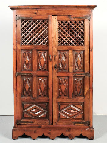 Small antique two-door latticework cabinet, pine and walnut