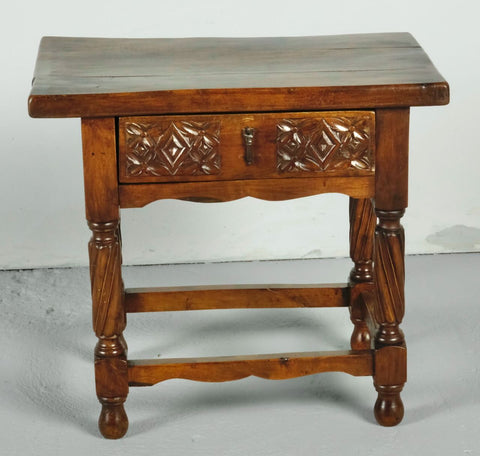 Small antique carved drawer Castilian accent table, walnut