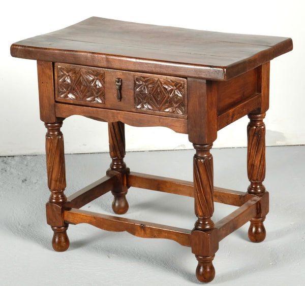 Small antique carved drawer Castilian accent table, walnut