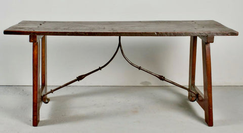 Antique trestle leg kitchen table with iron stretchers, chestnut