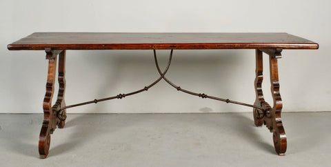 Antique lyre leg Andorran work / dining table with iron stretchers, walnut & pine