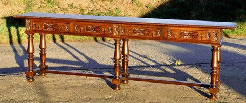 Long antique four drawer carved console table, oak