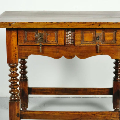 Antique two drawer lentil leg accent table, walnut