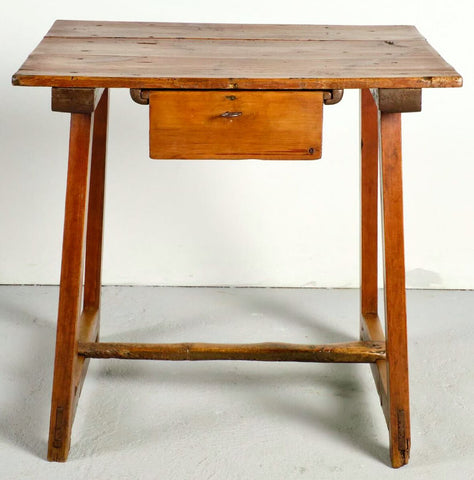 Small antique trestle leg game dressing table with drawer, pine