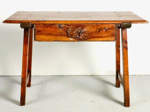 Antique trestle leg game dressing table with drawer, pine and walnut