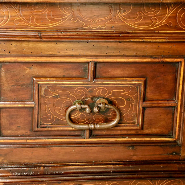 Antique inlaid Catalonian bride’s chest, walnut and poplar