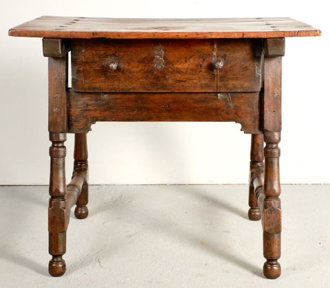 Antique turned leg accent table with drawer, walnut and pine
