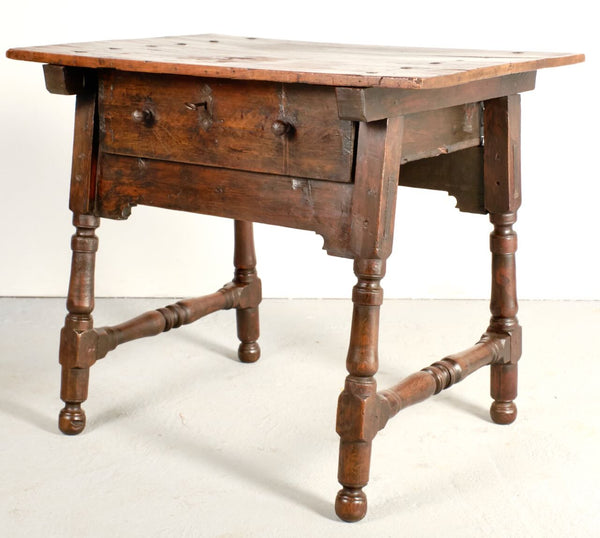 Antique turned leg accent table with drawer, walnut and pine