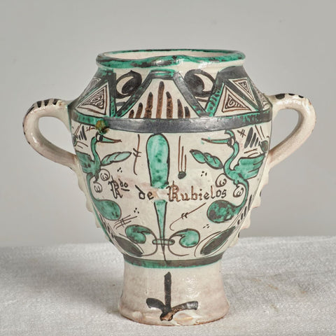 Antique two-handle painted and glazed wide mouth pitcher