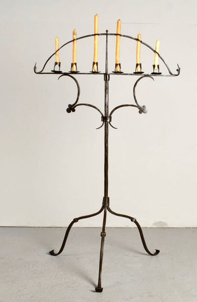 Antique wrought iron six-light floor candlestick