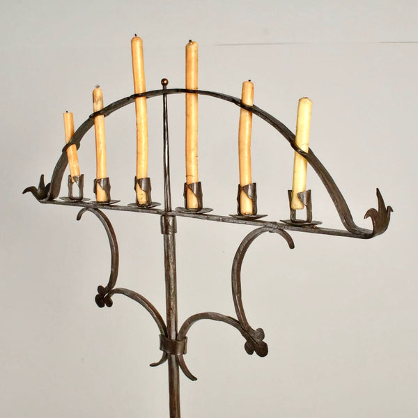 Antique wrought iron six-light floor candlestick